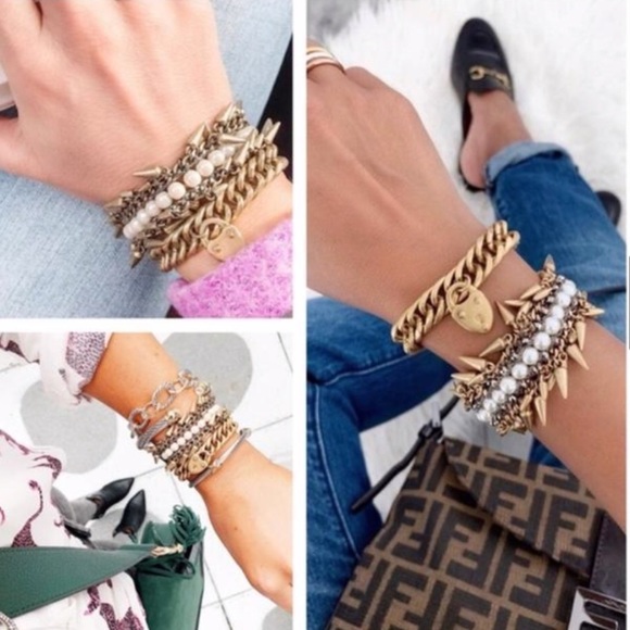 Stella & Dot | Pearl Drop & Hematite Vintage Gold Spiked Jacinthe Bracelet - Picture 6 of 13